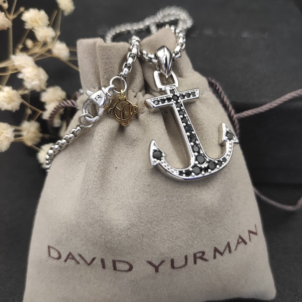 David Yurman Silver Anchor Pendant Necklace with Black Stones